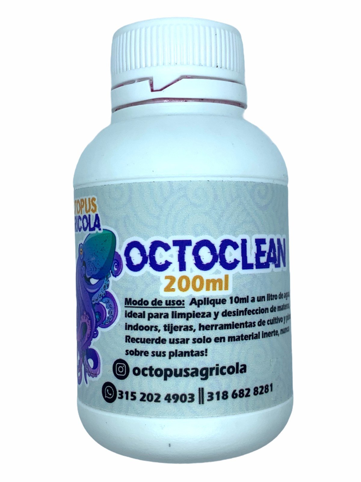Frasco de Octoclean 200 ml con la etiqueta de modo de uso sobre fondo blanco