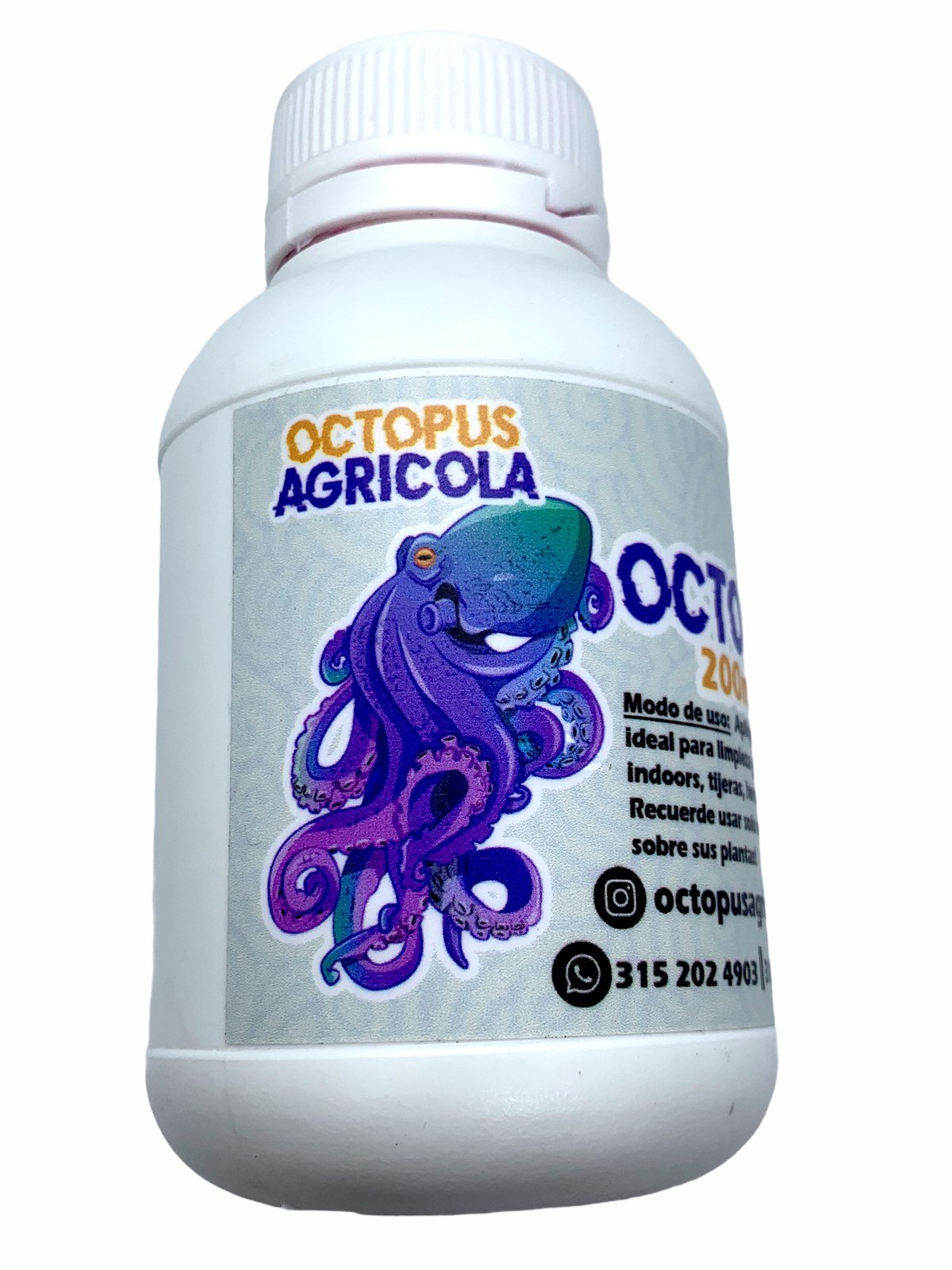 Reverso del frasco de Octoclean con el logo de Octopus Agrícola
