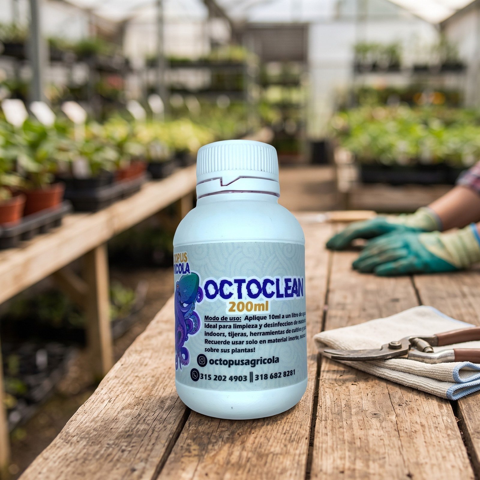 Octoclean 200 ml sobre una mesa con materas y guantes de jardinería