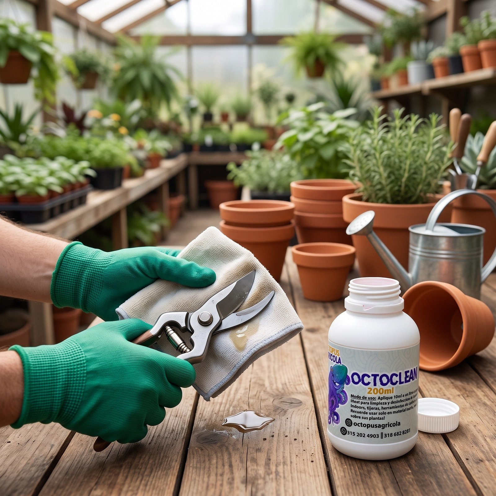 Manos con guantes limpiando una tijera de podar con Octoclean en un invernadero