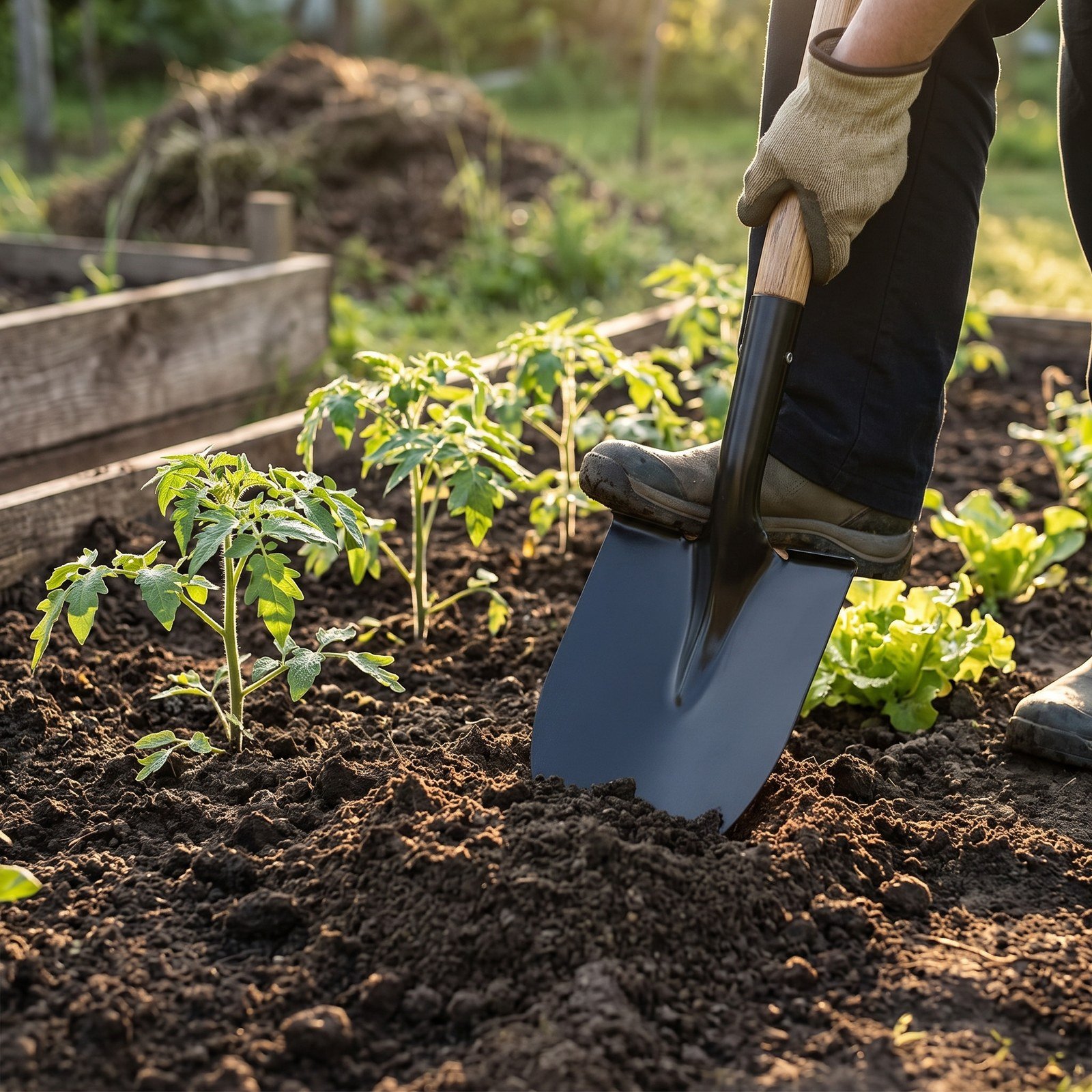 Pala de jardín grande apoyada en una mesa de trabajo con plantas