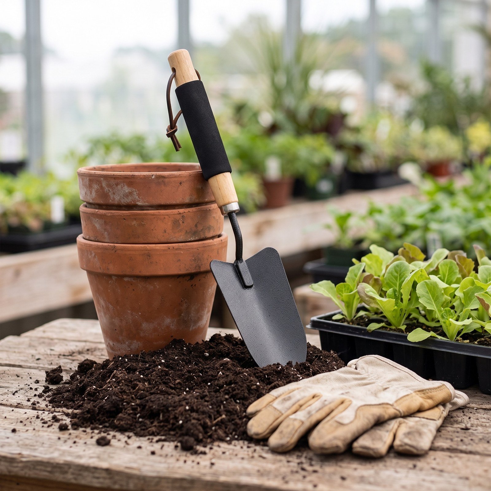 Pala pequeña para jardín junto a guantes y materas de barro sobre una mesa