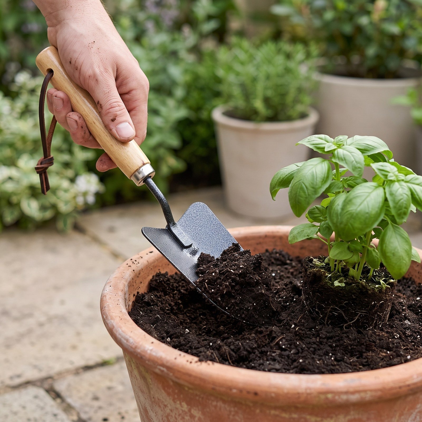 Pala pequeña para jardín clavada en la tierra de una matera con albahaca