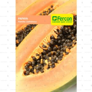 Sobre de semillas de papaya marca Fercon junto a una papaya partida por la mitad mostrando sus semillas negras.