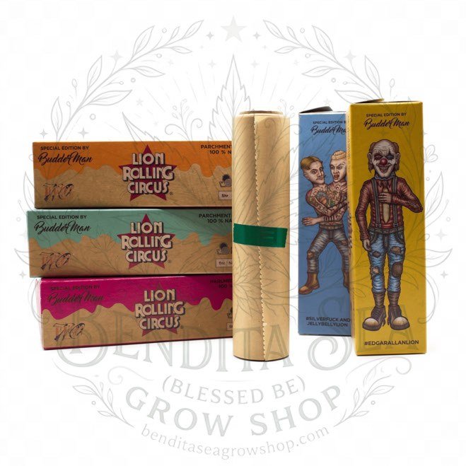 Papel para Extracciones Lion Rolling Circus 15cm X 10m: tres cajas y un rollo, sobre fondo blanco