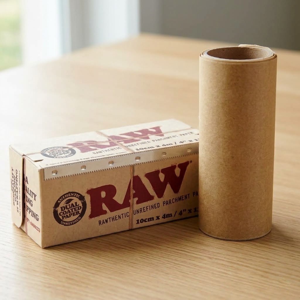 Papel para Extracción RAW 10 cm 4 Metros: caja y rollo de papel sobre una mesa de madera