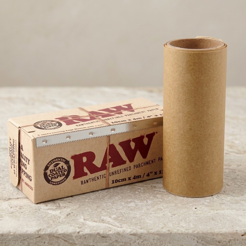 Papel para Extracción RAW 10 cm 4 Metros: caja y rollo de papel sobre piedra clara