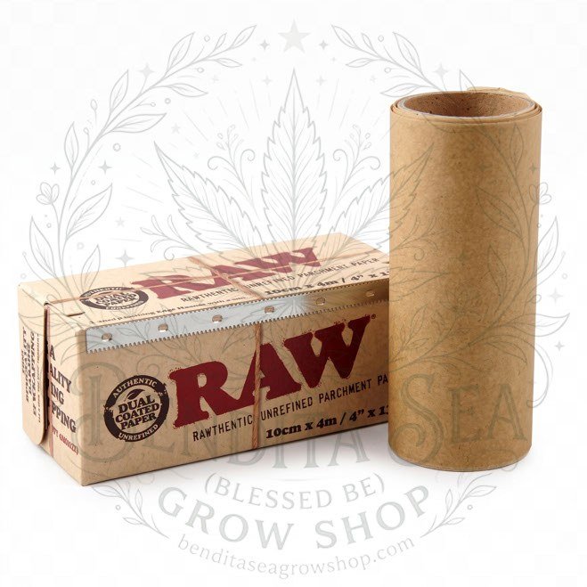 Papel para Extracción RAW 10 cm 4 Metros: caja y rollo de papel, sobre fondo blanco