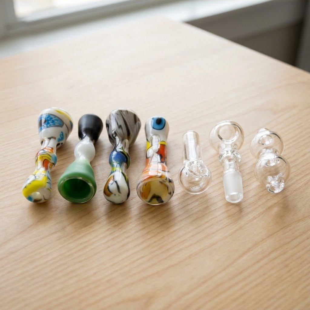 Pipas (15): pipas de vidrio estampadas y transparentes sobre una mesa de madera