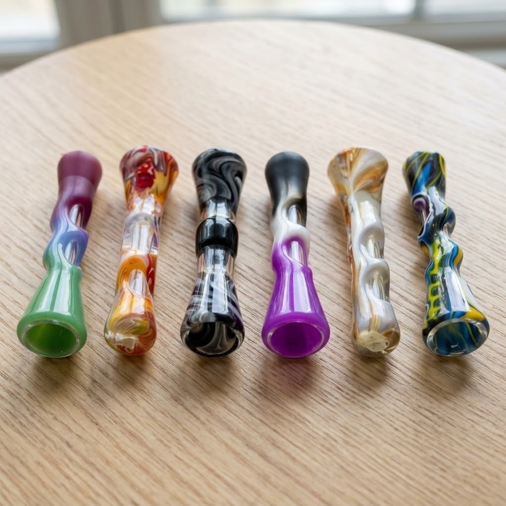 Pipas (16): pipas de silicona y vidrio sobre una mesa de madera