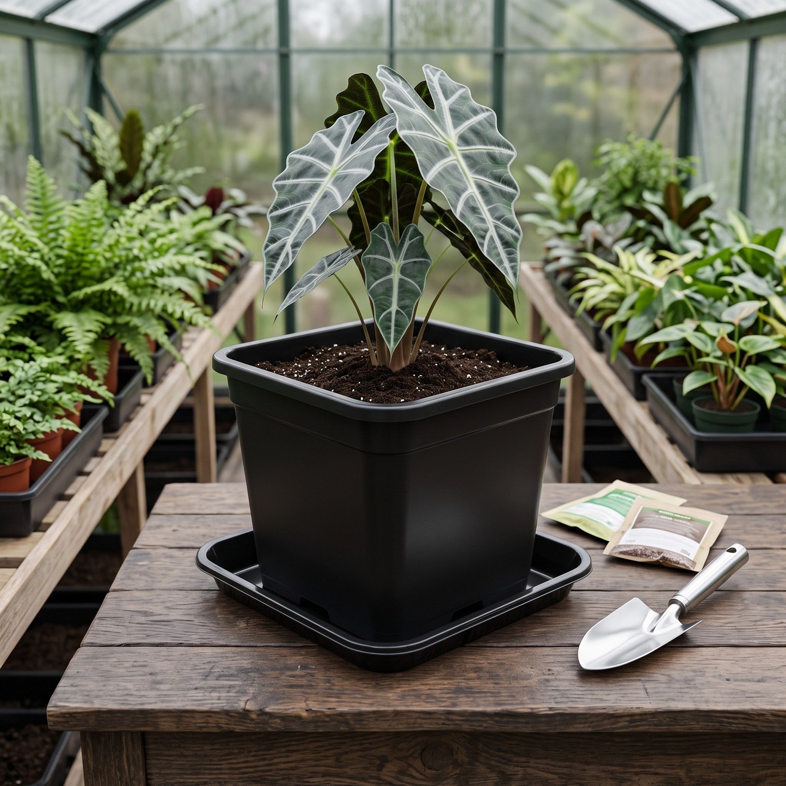 Matera negra con una alocasia sobre un plato de 15 x 15 cm en un vivero