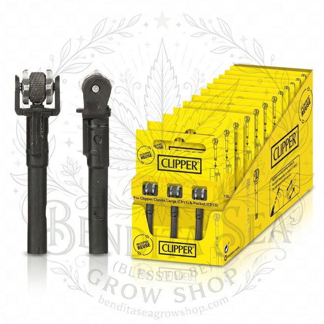 Repuesto Piedra Rueda Clipper Blíster x3: dos repuestos y caja exhibidora, sobre fondo blanco