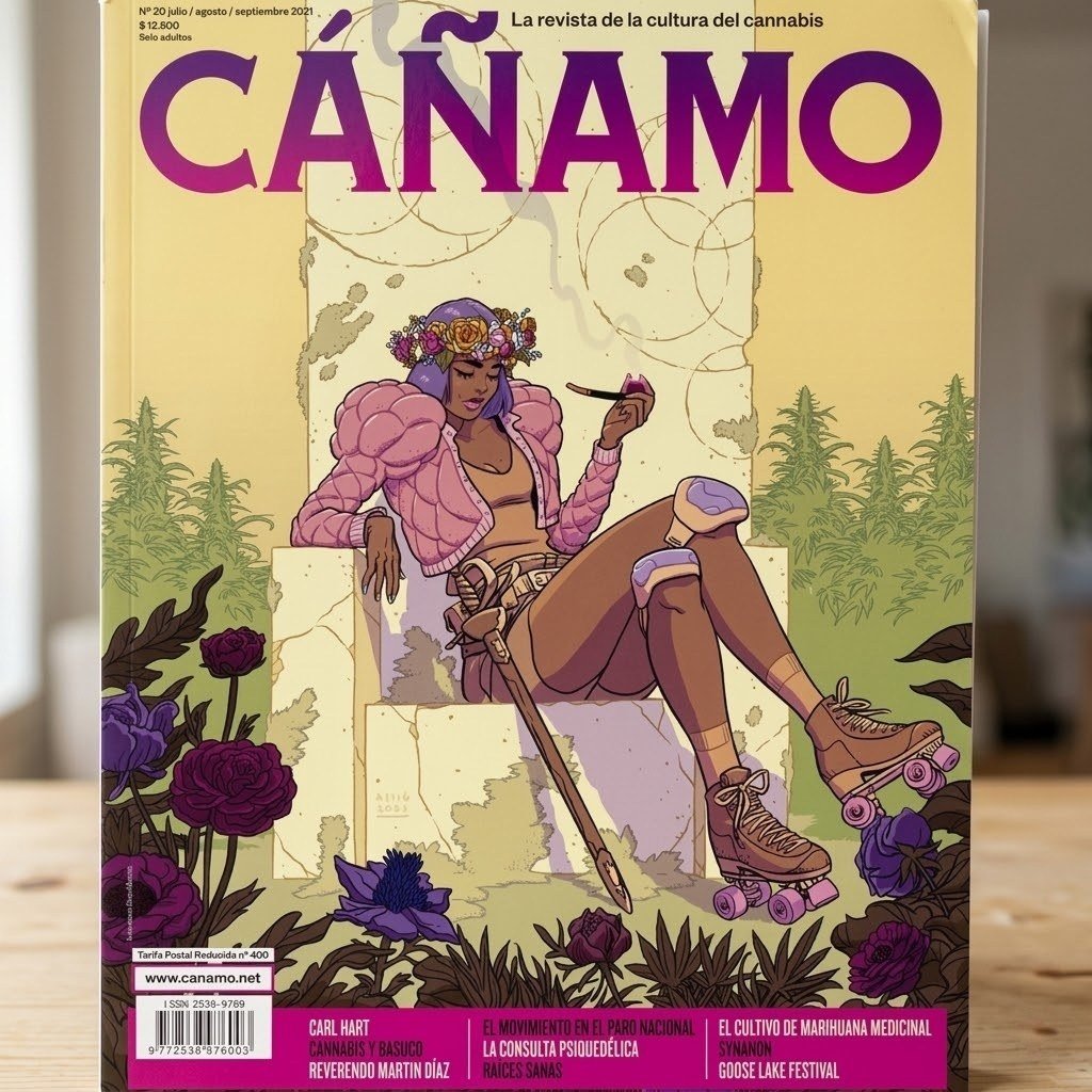 Revista Cáñamo número 20 de pie sobre una mesa de madera clara
