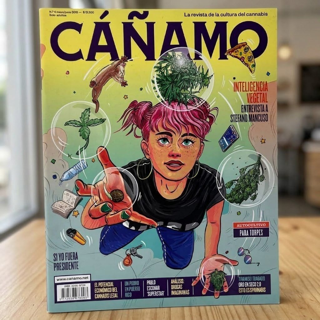 Revista Cáñamo número 4 de pie sobre una mesa de madera clara