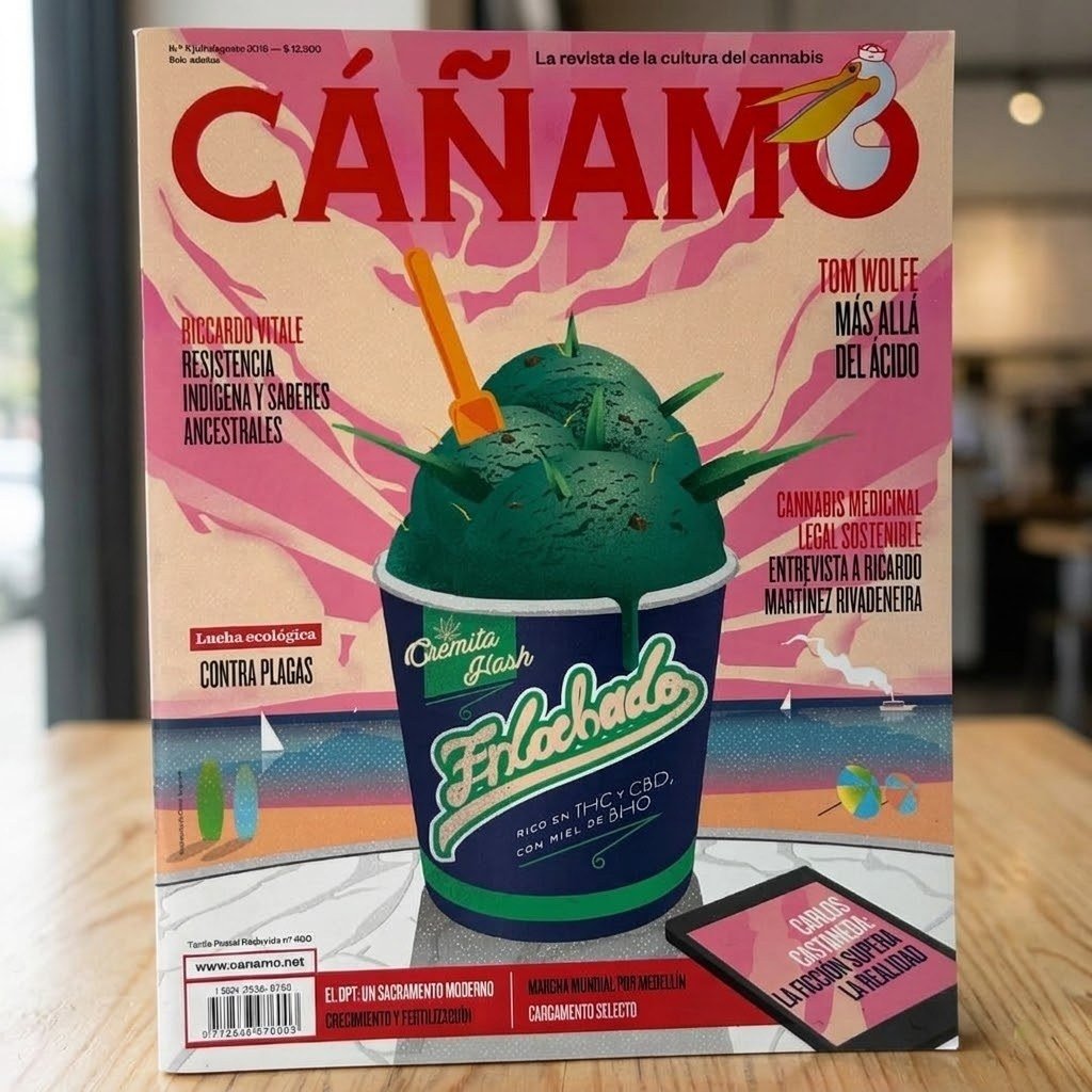 Revista Cáñamo número 5 de pie sobre una mesa de madera clara