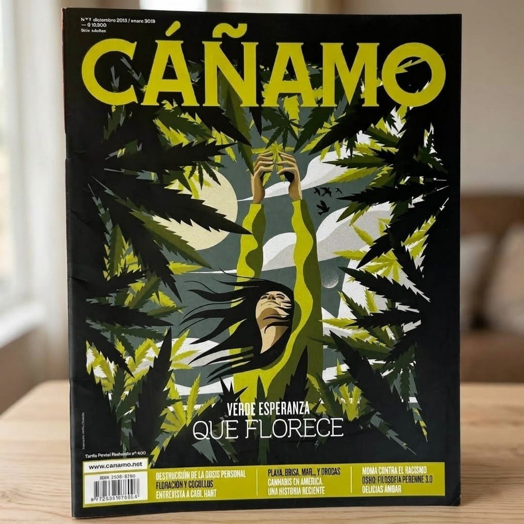 Revista Cáñamo número 7 de pie sobre una mesa de madera clara