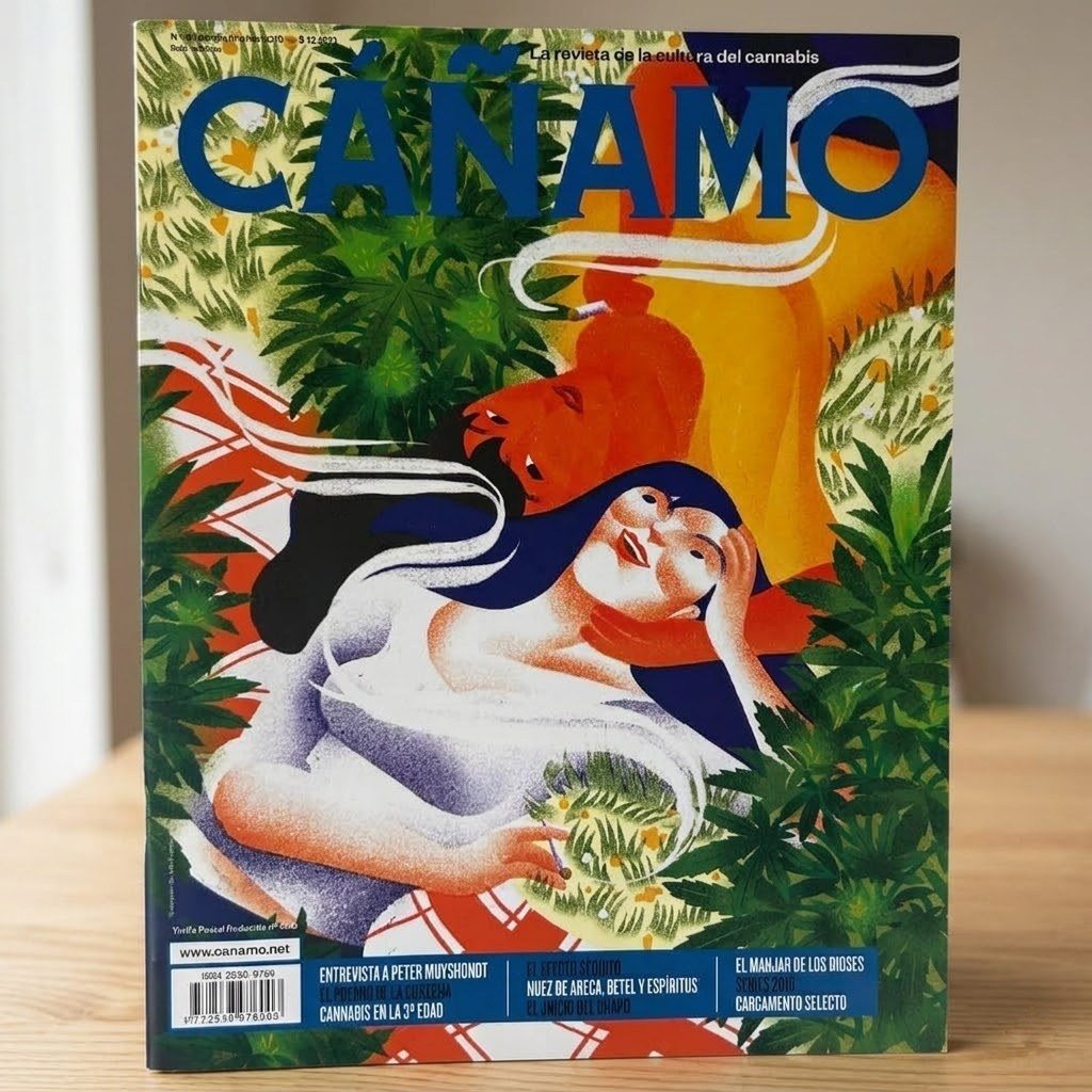 Revista Cáñamo número 8 de pie sobre una mesa de madera clara