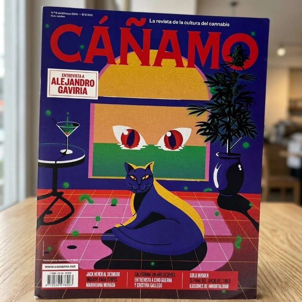 Revista Cáñamo número 9 de pie sobre una mesa de madera clara