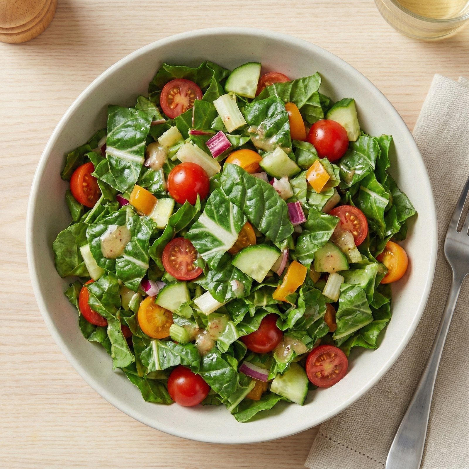 Semillas de Acelga Penca Blanca Fercon: ensalada de acelga con tomate cherry y pepino en un plato hondo