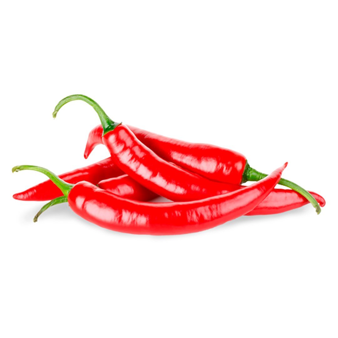 Semillas de Ají Cayena Fercon: ajíes cayenne rojos y alargados sobre fondo blanco