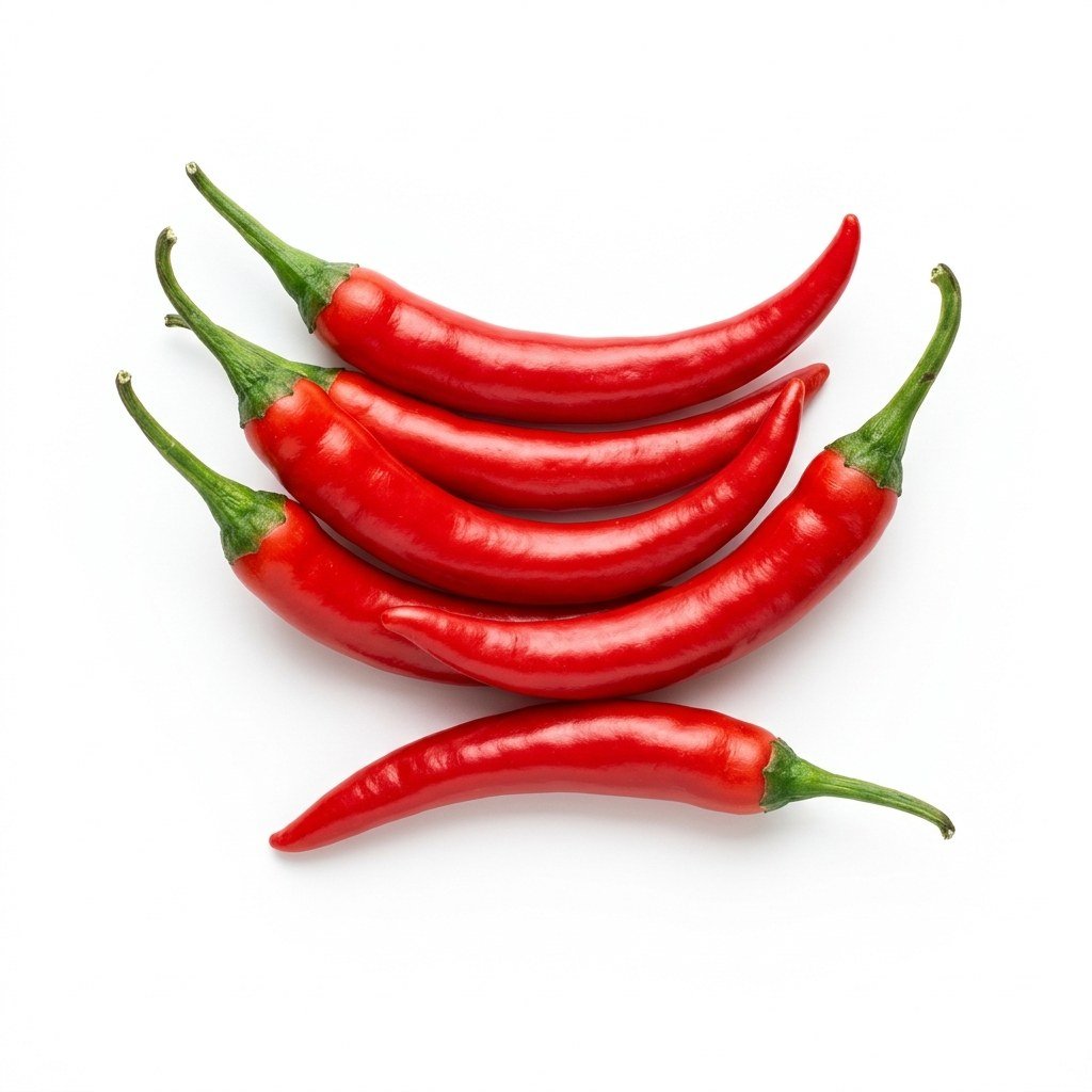 Semillas de Ají Cayena Fercon: ajíes cayenne rojos ordenados sobre fondo blanco