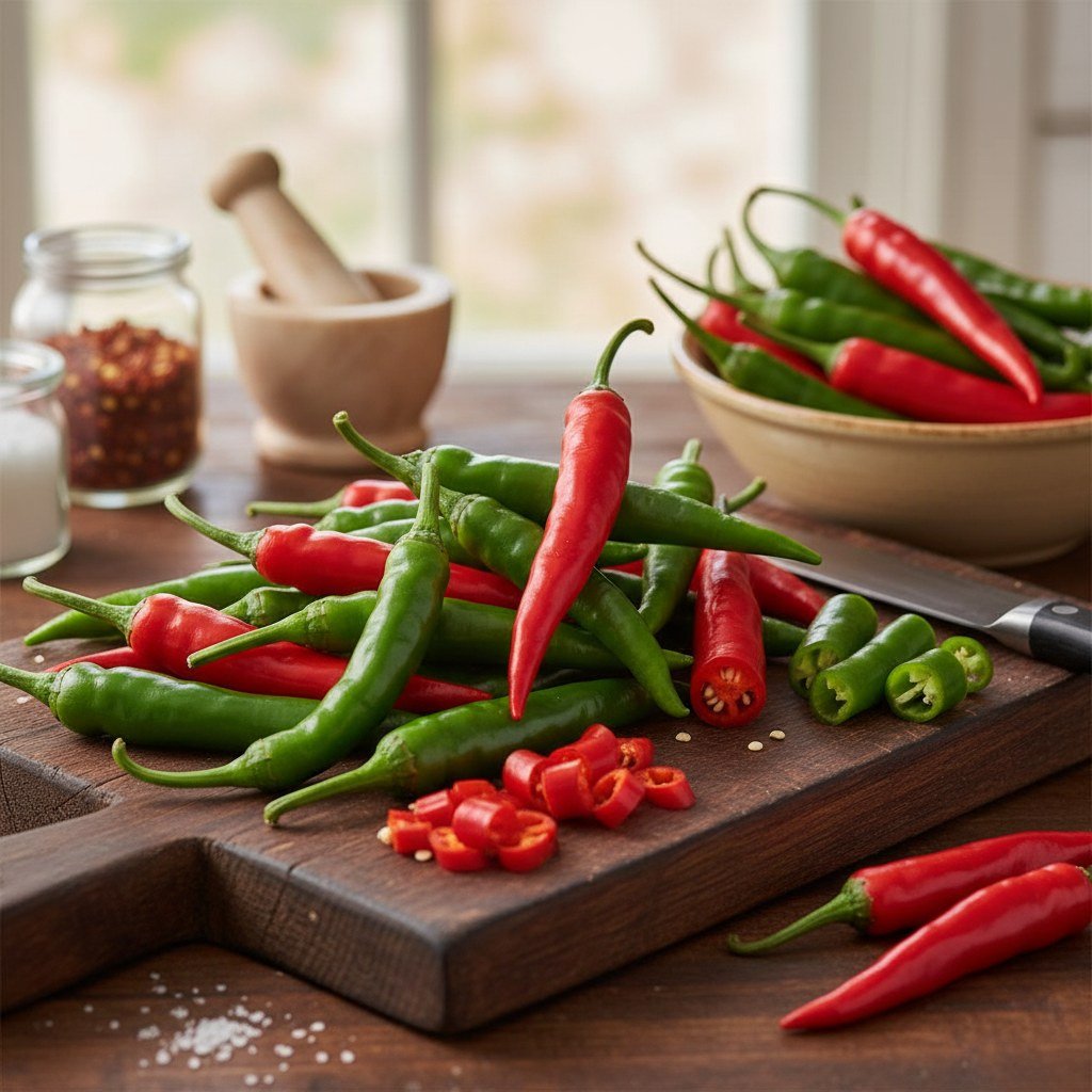 Semillas de Ají Cayena Fercon: ajíes rojos y verdes en tabla de picar con mortero