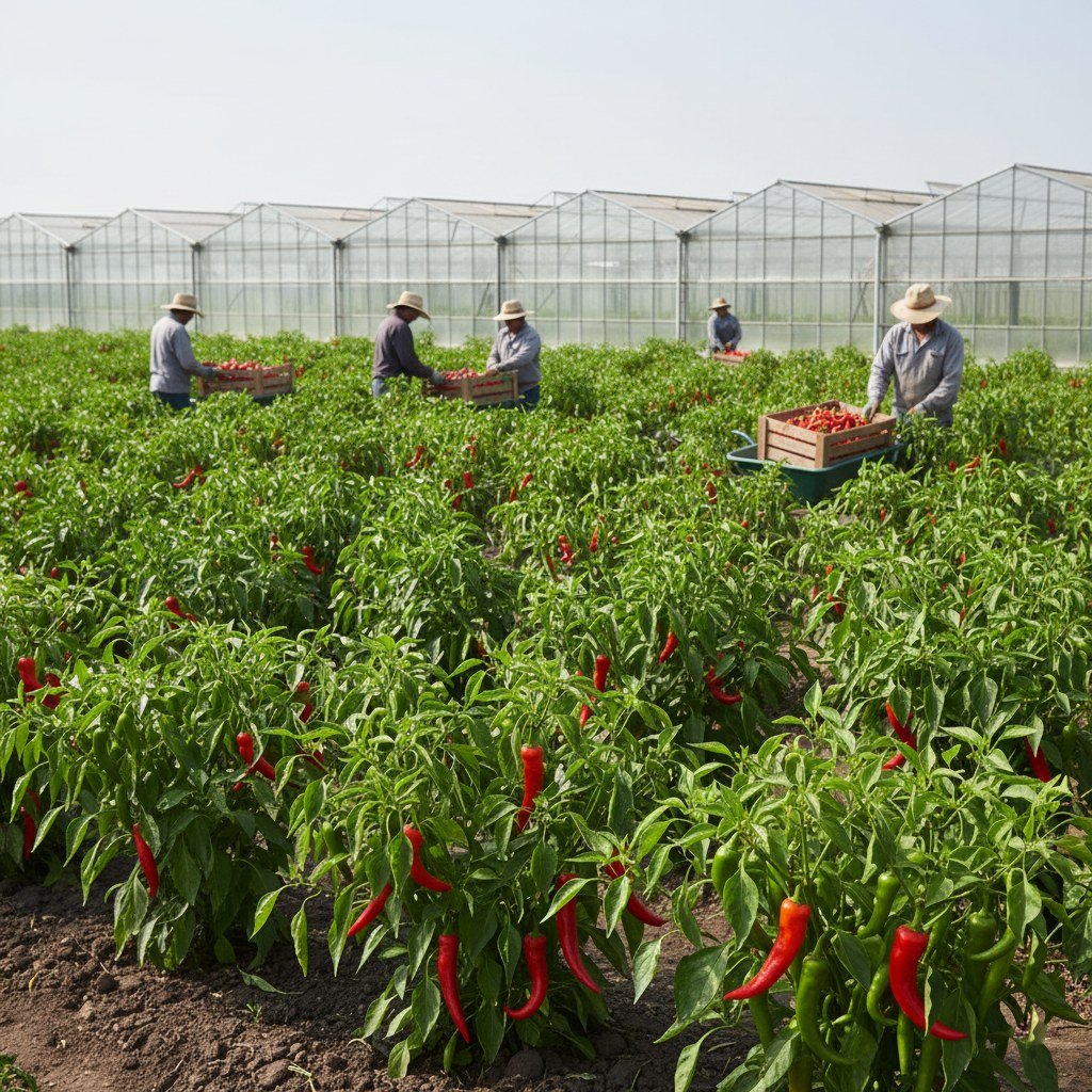Semillas de Ají Cuerno de Cabra Fercon: gran cultivo de ají en invernadero con cosechadores