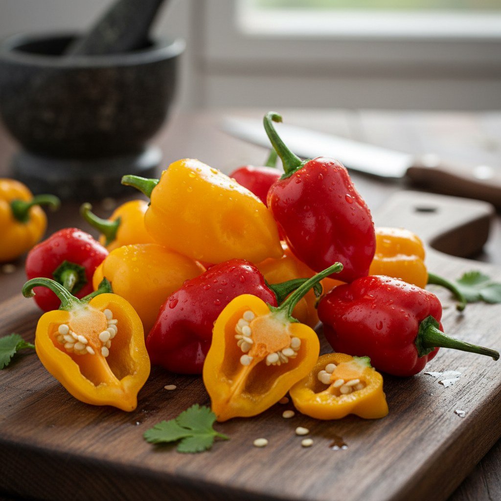 Semillas de Ají Habanero Mix Fercon: habaneros rojos y amarillos abiertos en tabla