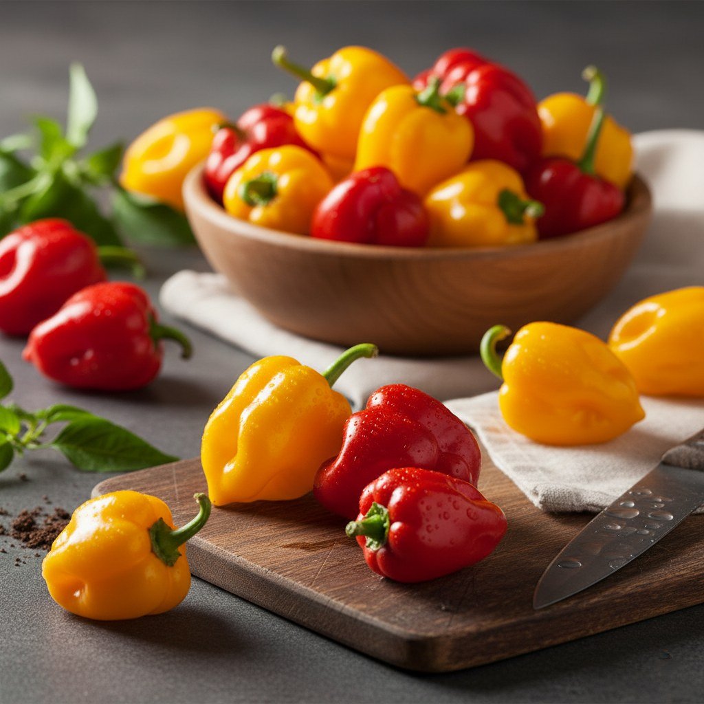 Semillas de Ají Habanero Mix Fercon: tazón de habaneros rojos y amarillos con cuchillo