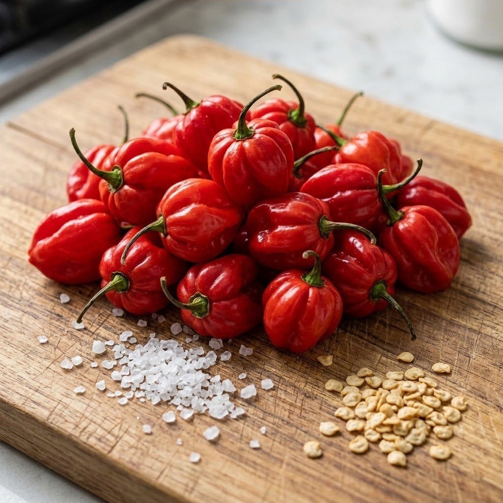 Semillas de Ají Habanero Rojo Fercon: montón de ajíes rojos arrugados sobre tabla de madera con sal y semillas