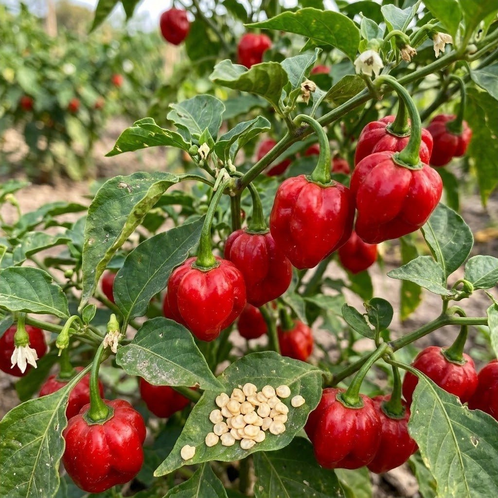 Semillas de Ají Habanero Rojo Fercon: mata cargada de ajíes rojos con flores blancas y semillas sobre una hoja
