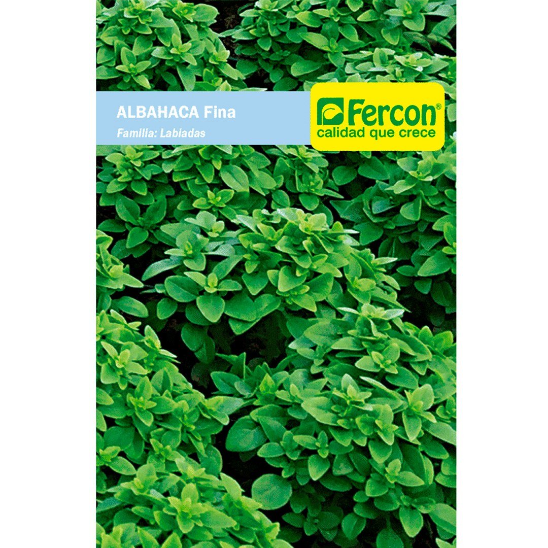 Semillas de Albahaca Fina Verde Fercon: sobre de semillas Fercon visto de frente sobre fondo blanco