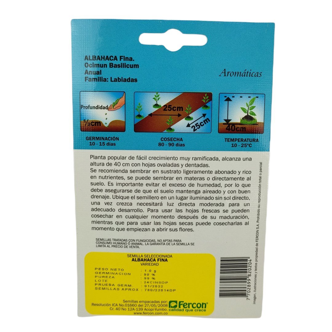 Semillas de Albahaca Fina Verde Fercon: reverso del sobre con las indicaciones de siembra