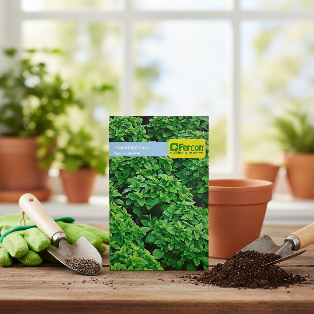 Semillas de Albahaca Fina Verde Fercon: sobre de semillas junto a materas, guantes y palita en una mesa de jardín