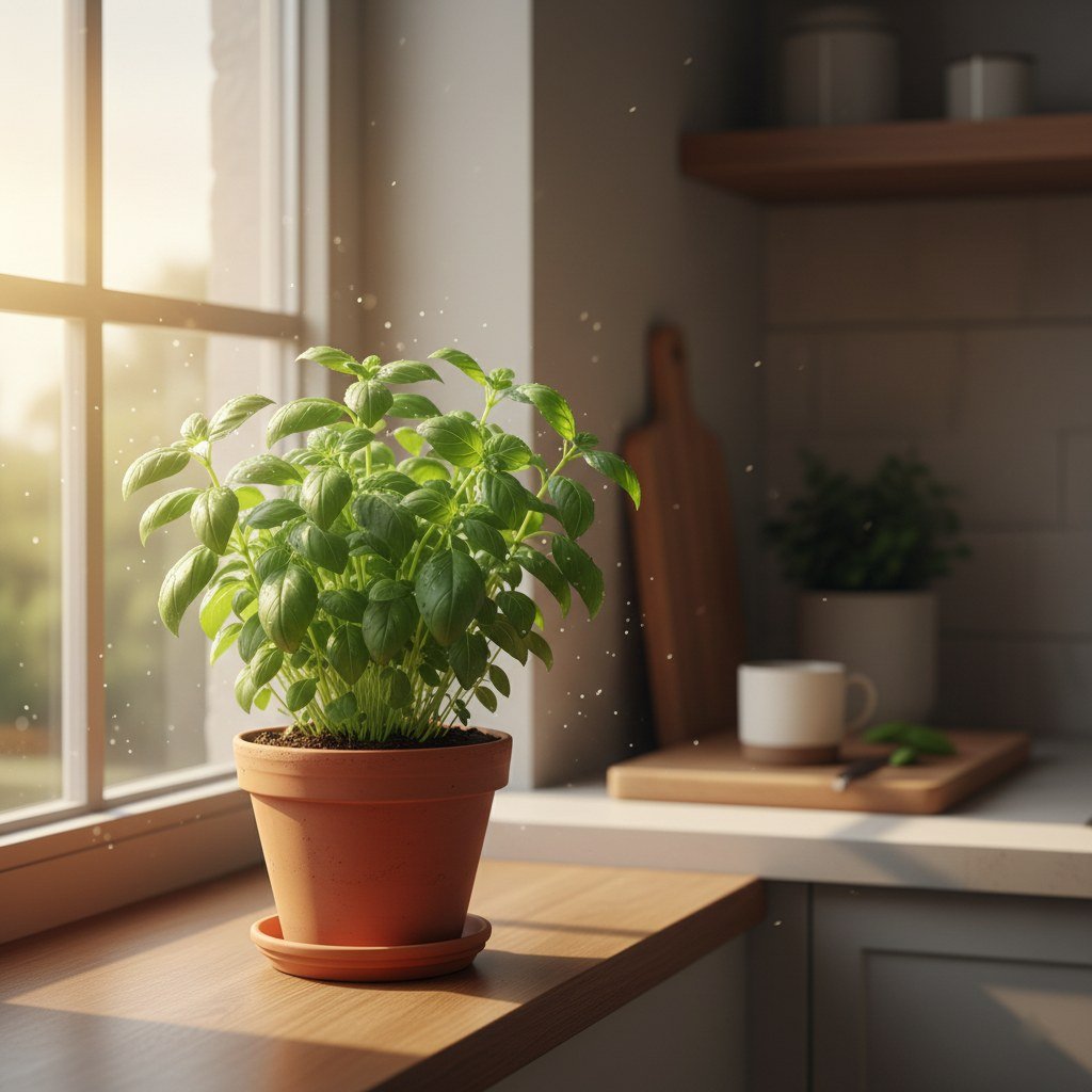 Semillas de Albahaca Fina Verde Fercon: mata de albahaca en una matera de barro junto a la ventana de la cocina