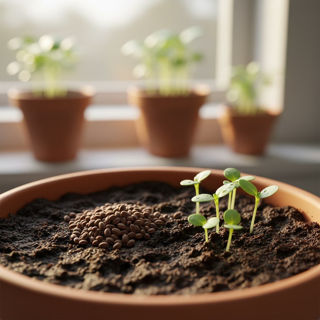 Semillas de Albahaca Fina Verde Fercon: semillas y plántulas recién germinadas en una matera de barro