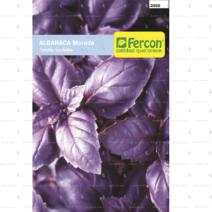 Semillas de albahaca morada Fercon en el empaque, junto a una maceta con una planta de albahaca morada de hojas color púrpura.