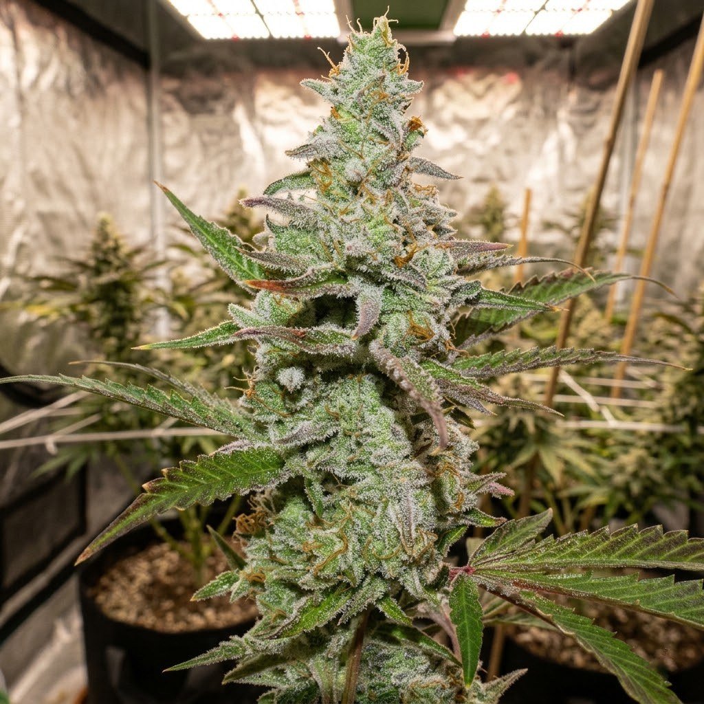 semillas Amsterdam Amnesia: planta de Amsterdam Amnesia en floración en un cultivo de interior