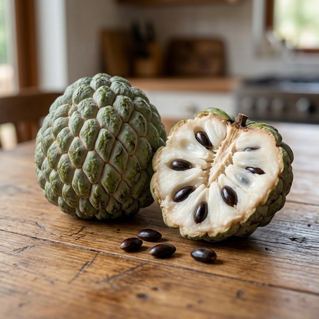 Semillas de Anón Fercon: fruta de anón entera y otra abierta con pulpa blanca sobre la mesa