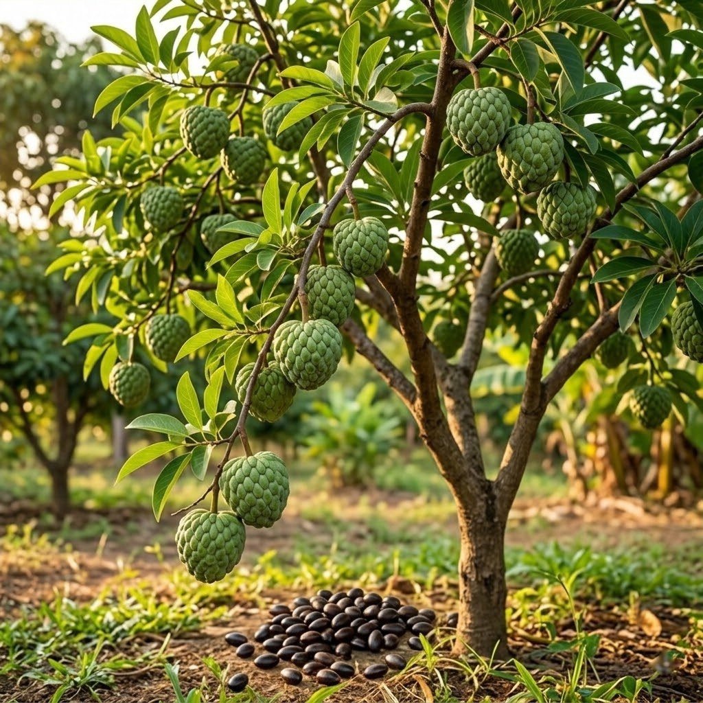 Semillas de Anón Fercon: árbol cargado de frutos verdes escamosos con semillas negras al pie