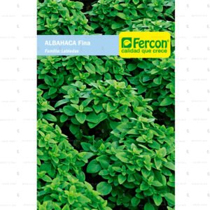 Semillas de albahaca Fina en un empaque, con una planta de albahaca genovesa de hojas grandes y verdes, lista para ser usada en la cocina.