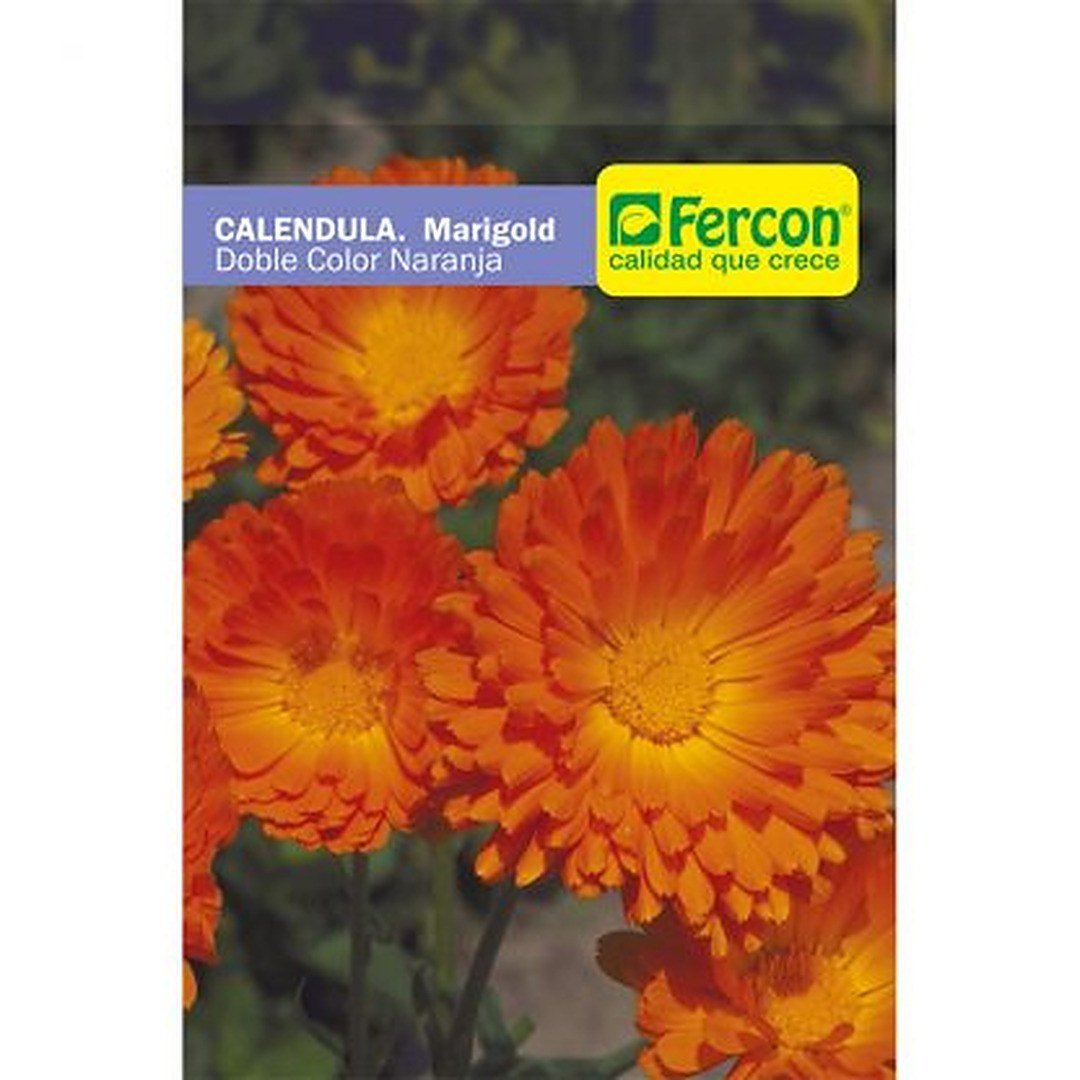 Semillas de Caléndula Naranja Fercon: sobre de semillas Fercon visto de frente con caléndulas naranjas