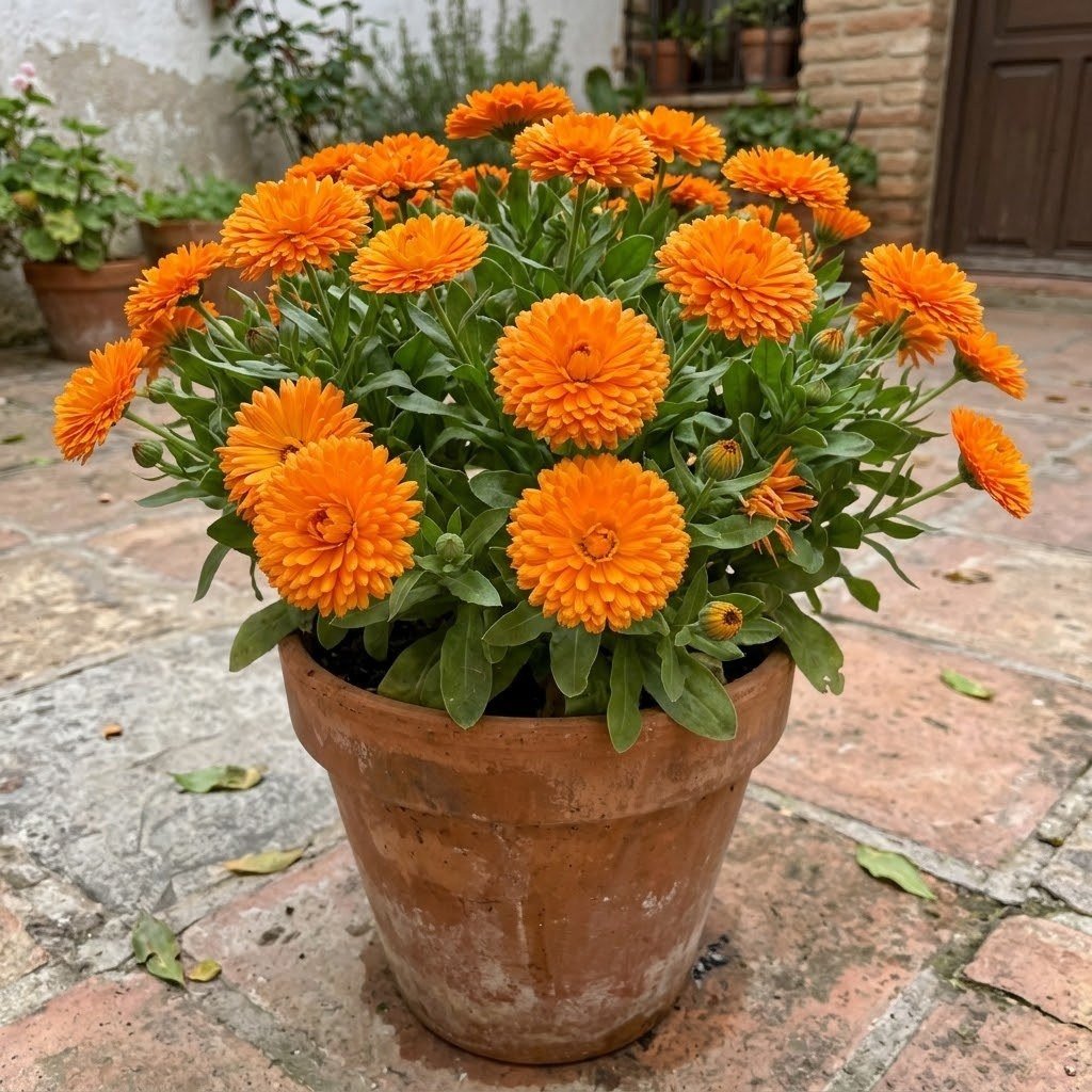 Semillas de Caléndula Naranja Fercon: matera de barro llena de caléndulas naranjas de flor doble