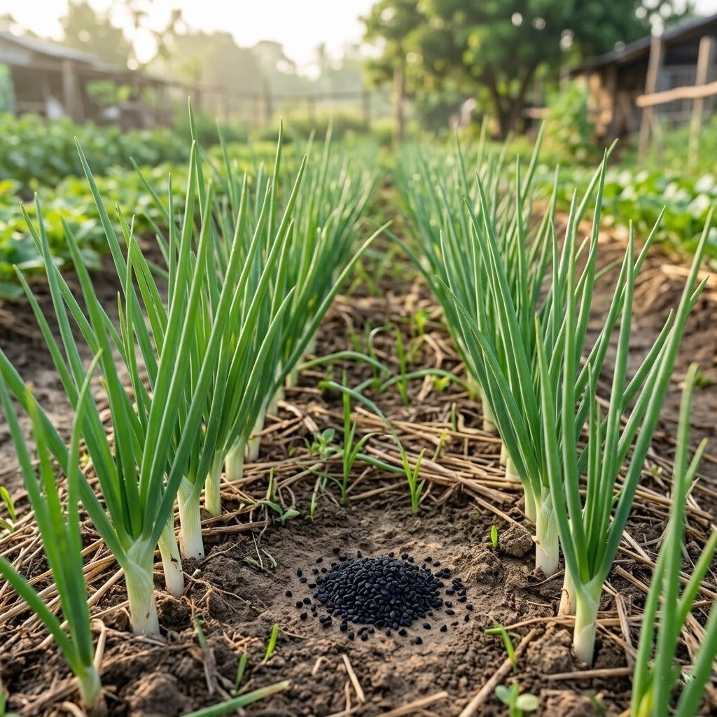 Semillas de Cebolla Tokio Long Fercon: surcos de tallos verdes erguidos en la huerta con paja y semillas negras