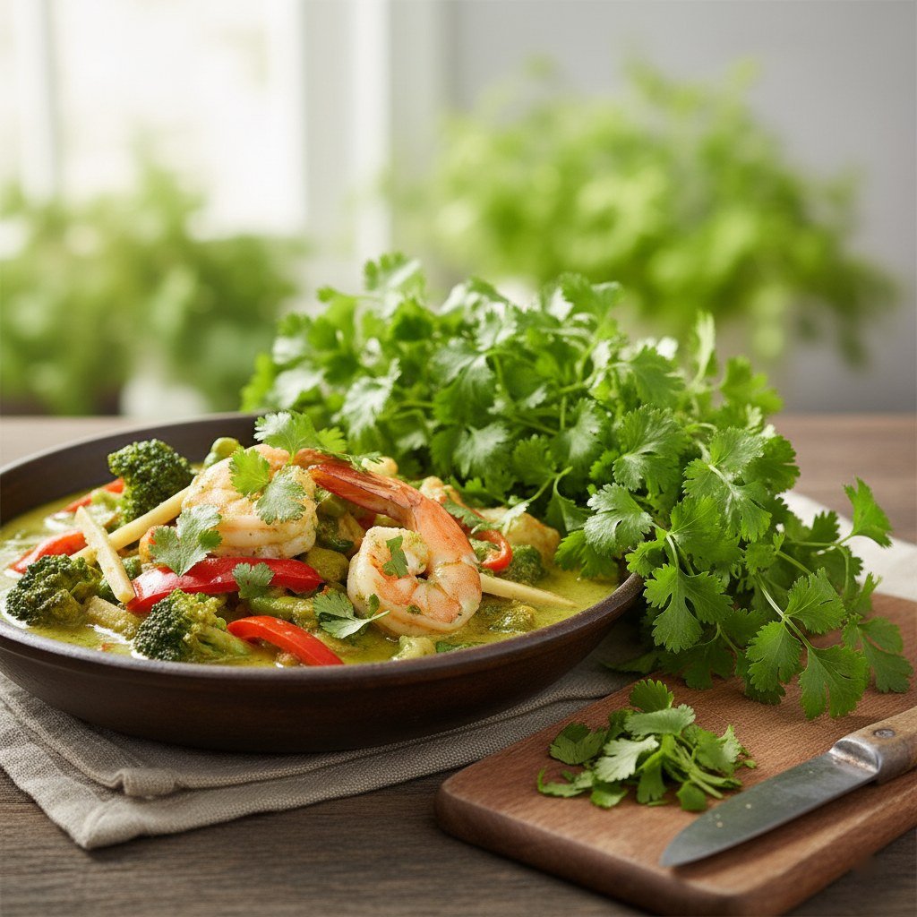 Semillas de Cilantro Long Standing Fercon: plato de curry con camarones y un gran manojo de cilantro
