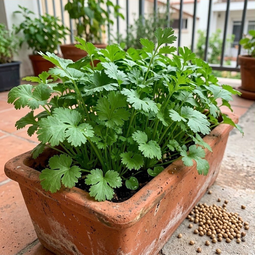 Semillas de Cilantro Long Standing Fercon: jardinera de barro con mata frondosa en un balcón y semillas en el piso