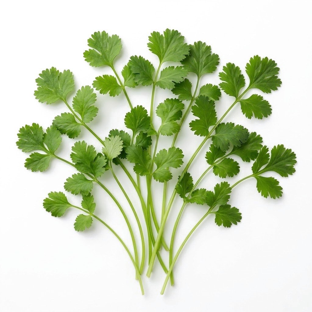 Semillas de Cilantro Long Standing Fercon: tallos de cilantro con hojas extendidos en abanico sobre fondo blanco