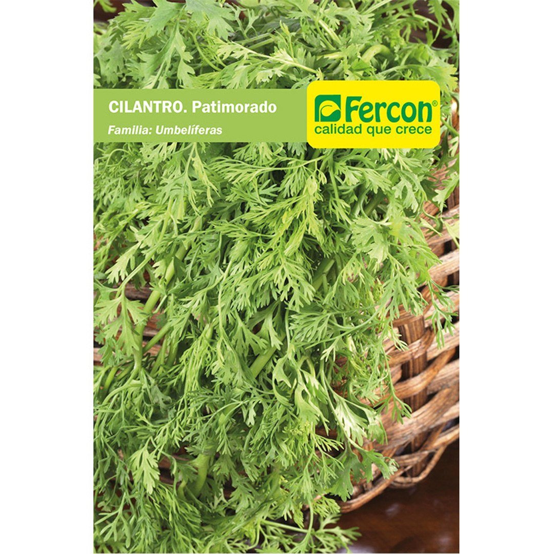 Semillas de Cilantro Patimorado Fercon: sobre de semillas sobre fondo blanco, vista de frente