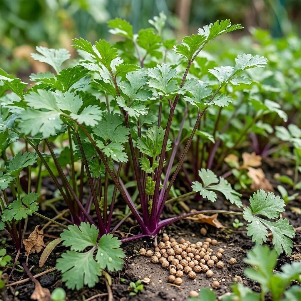 Semillas de Cilantro Patimorado Fercon: matas de hojas verdes con tallos morados en la huerta y semillas en la tierra