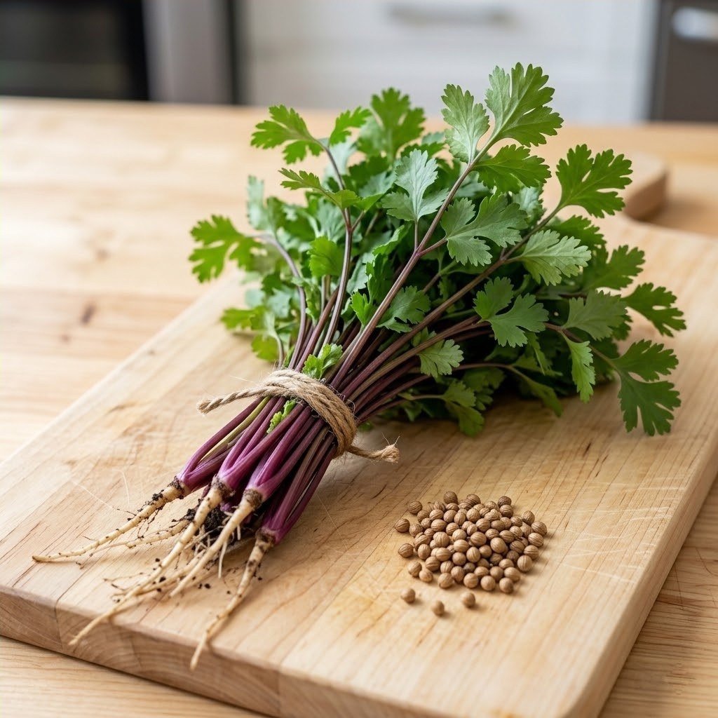 Semillas de Cilantro Patimorado Fercon: manojo con tallos morados y raíces atado con cabuya sobre tabla y semillas